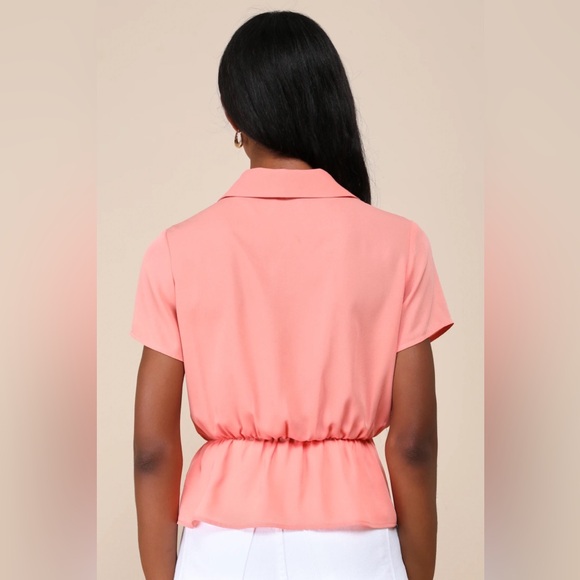 Lulu's NWT Sophisticated Influence Peach Pink Collared Peplum Top Size Small - Picture 3 of 9
